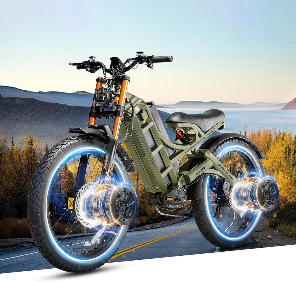 eAhora 2025 Romeo Pro 3 Electric Bike for Adults 5600W Dual Motor E Bike 50MPH 60V 80Ah 250+Miles Long Range Electric Bicycle,26 * 4.0 Fat Tire Full Suspension Electric Mountain Bike-Green