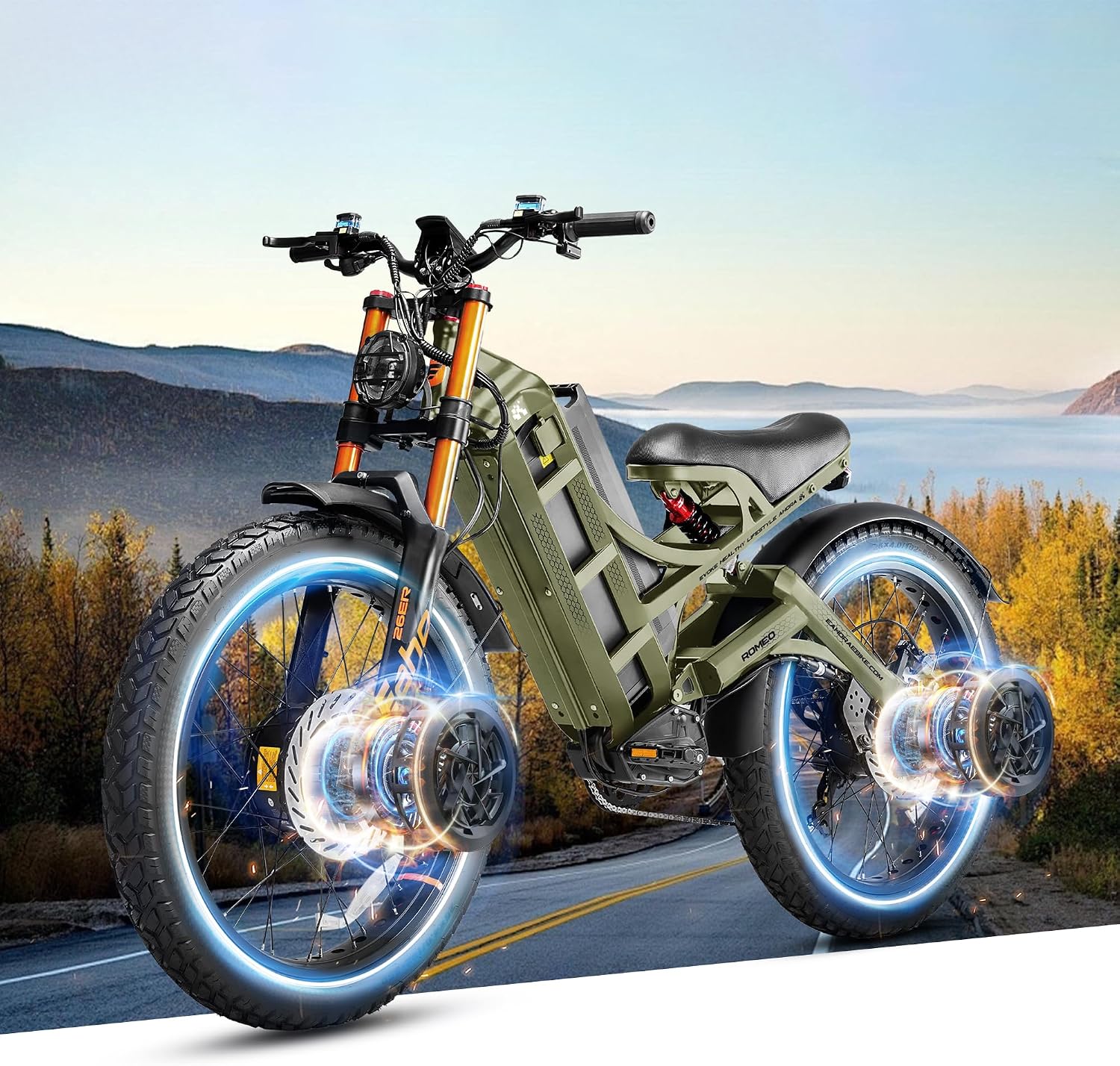 eAhora 2025 Romeo Pro 3 Electric Bike for Adults 5600W Dual Motor E Bike 50MPH 60V 80Ah 250+Miles Long Range Electric Bicycle,26 * 4.0 Fat Tire Full Suspension Electric Mountain Bike-Green