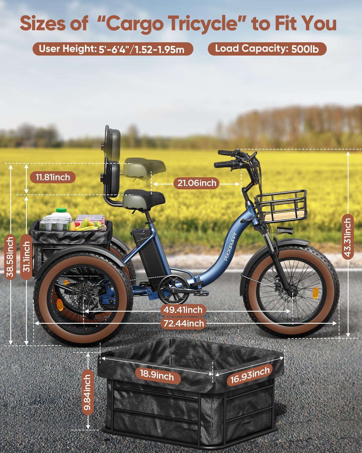 PUCKIPUPPY Electric Tricycle for Adults, 960W Max Rear Motor Electric Trike, 20MPH 3 Wheel, 20' 6061 Aluminum Folding Ebike Frame, 55 Miles Range Cargo Tricycle with Large Basket