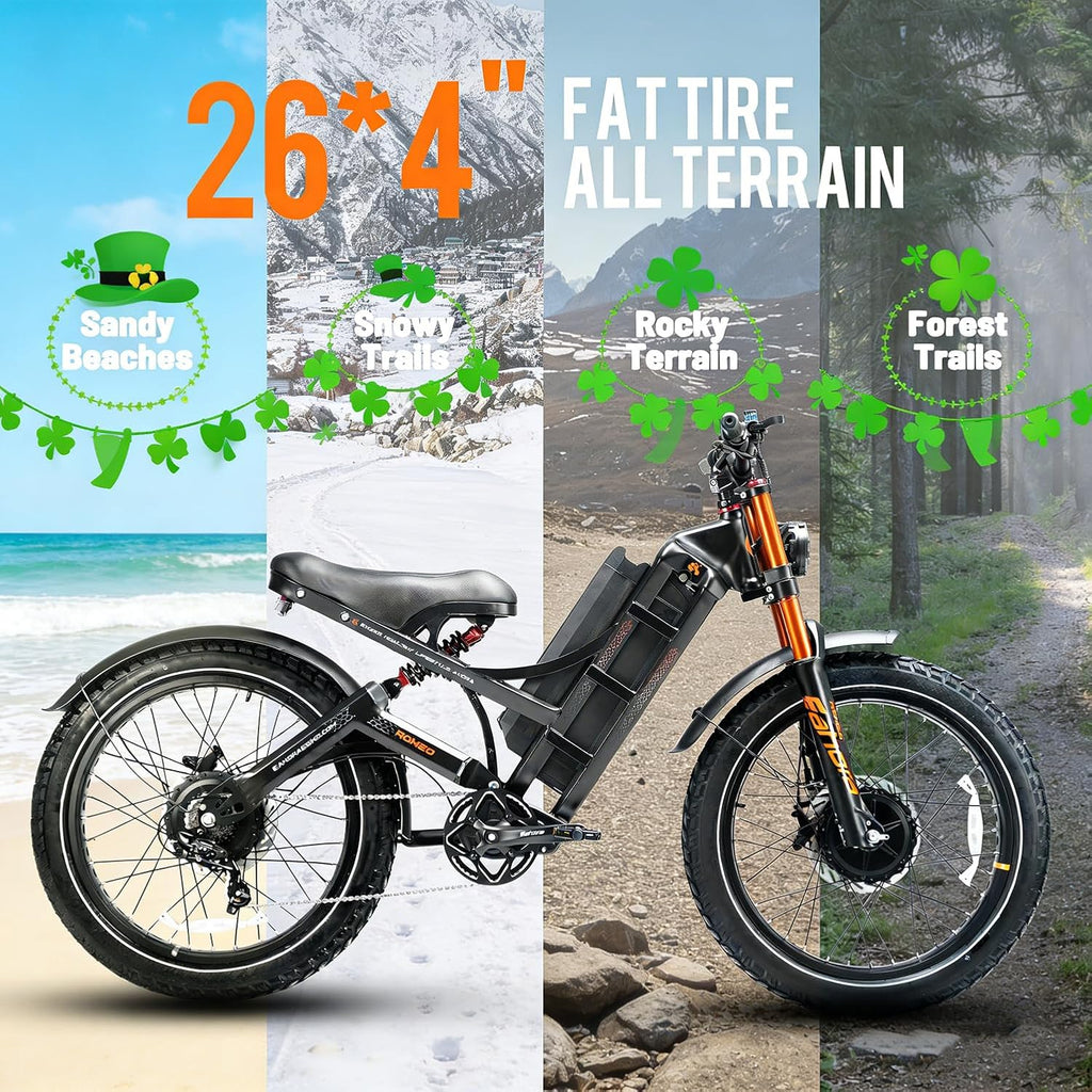 eAhora 2026 Romeo Pro 3 5600W 50Mph High-Torque Ebike, 60V 80Ah 250-Mile Long Range Electric Bike for Adults, Adjustable Air Suspension, 26'' Puncture-Proof Tire, UL 2849 Certified by TÜV