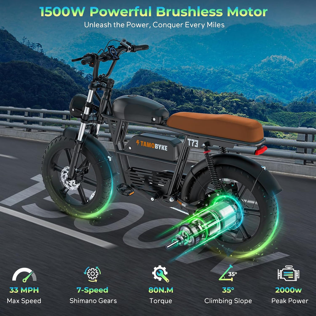 Tamobyke Premium T73 Series Electric Bike for Adults,48V15Ah/36Ah/41Ah Large Battery,1000W/1500W/3000W Powerful Motor, 28/33/37.5Mph Max Speed,20''*4'' Fat Tire E-Bike for Commute/Off-Road. Age 15+.