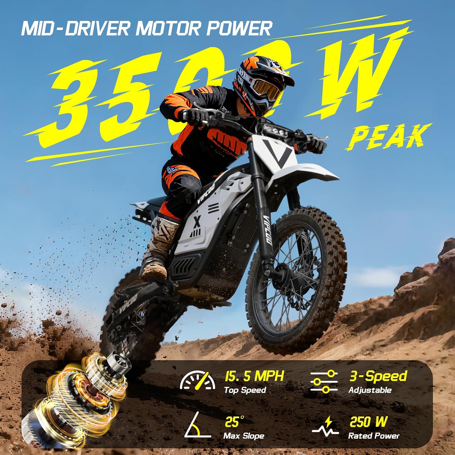 3500W Electric Dirt Bike for Teens Kids,VIPCOO H2 Electric Motorcycle for Adults,25° Slope,48V/23Ah Battery,14'/12' Off Road Tire,Dual Hydraulic Brakes & Full Suspension Fit Age 13+