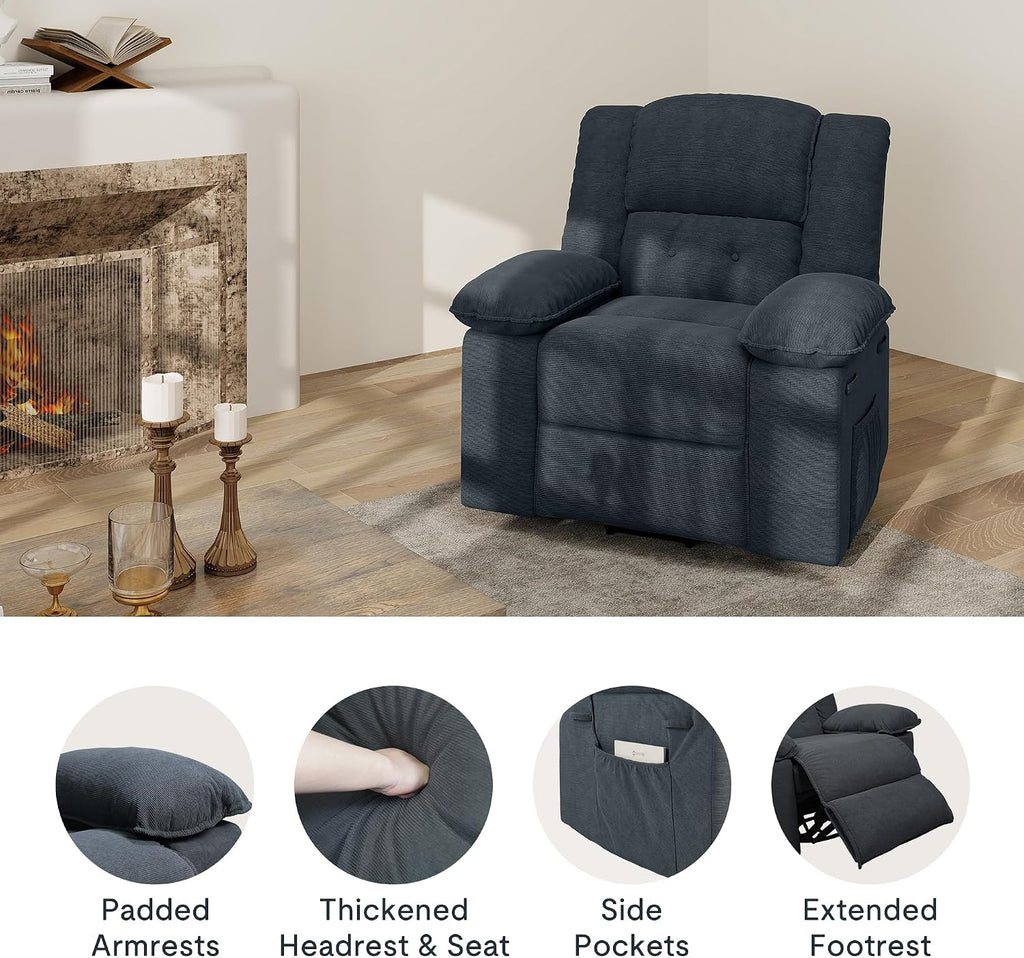 Softa Swivel Rocker Recliner Chair for Adults with Massage & Heat, 360° Swivel Manual Glider Recliner with Side Pocket, Compact Living Room Apartment Reclining Chair (Blue-Grey)