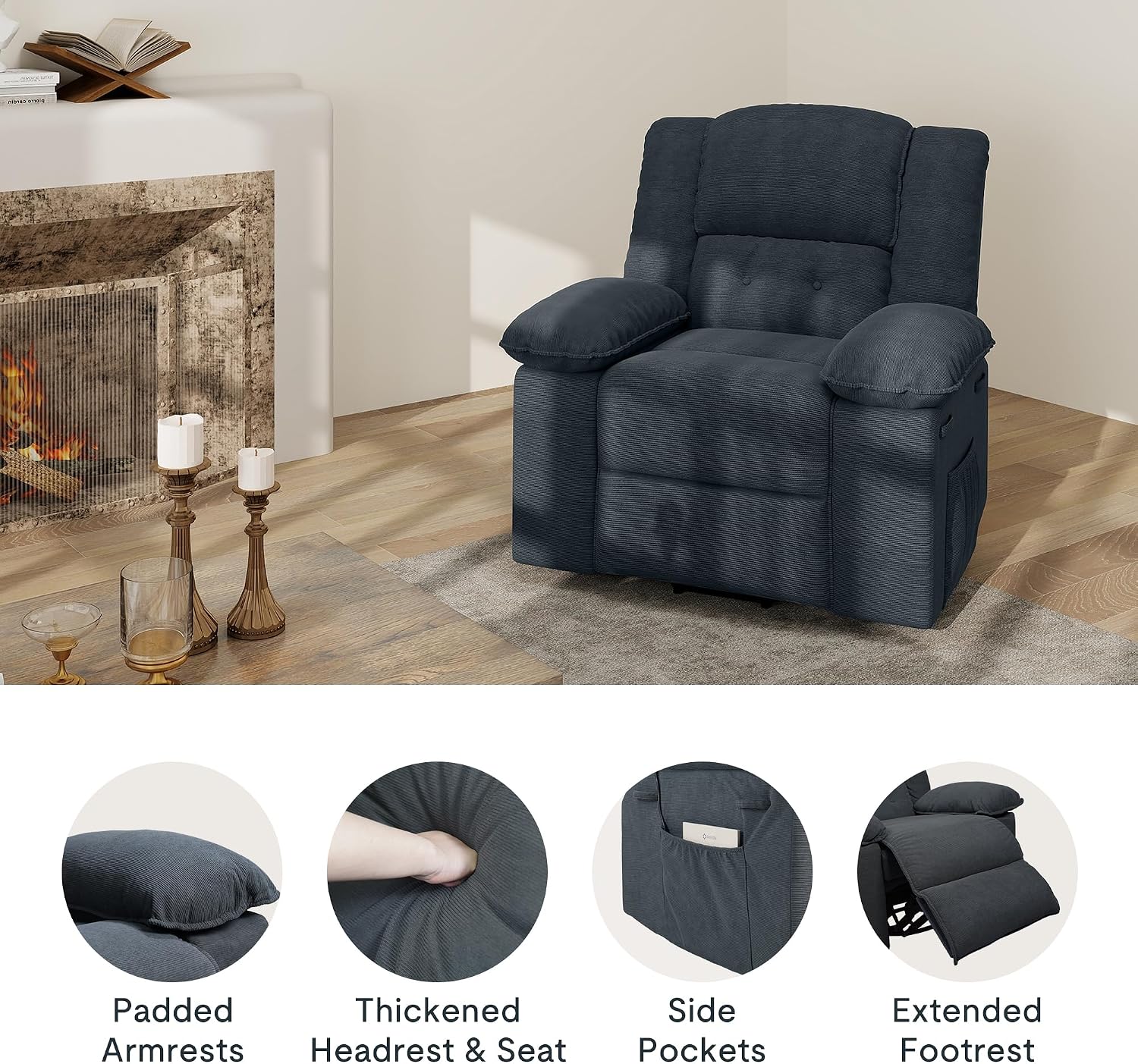 Softa Swivel Rocker Recliner Chair for Adults with Massage & Heat, 360° Swivel Manual Glider Recliner with Side Pocket, Compact Living Room Apartment Reclining Chair (Blue-Grey)