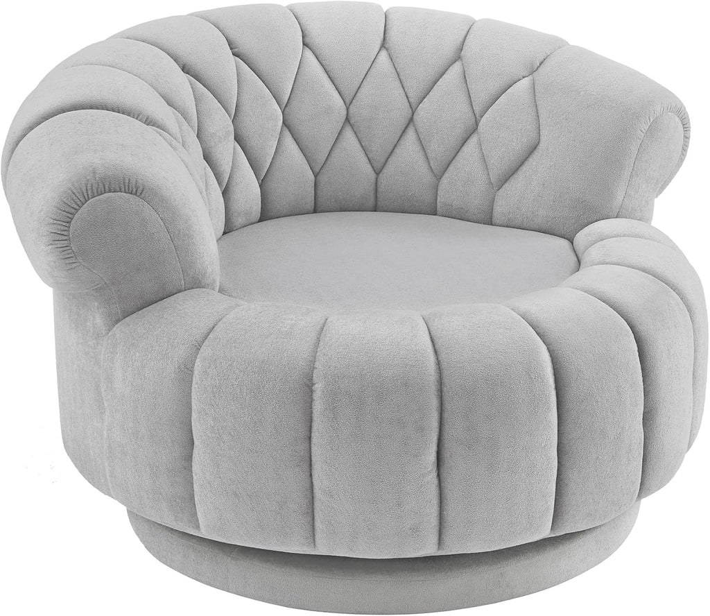 360° Swivel Accent Chair, Chenille Fabric Barrel Swivel Chair Round Club Chair with Curved Armrests & Thick Cushioning, Stylish Channel-Tufted & Diamond-Quilted Backrest for Living Room (Gray,02)