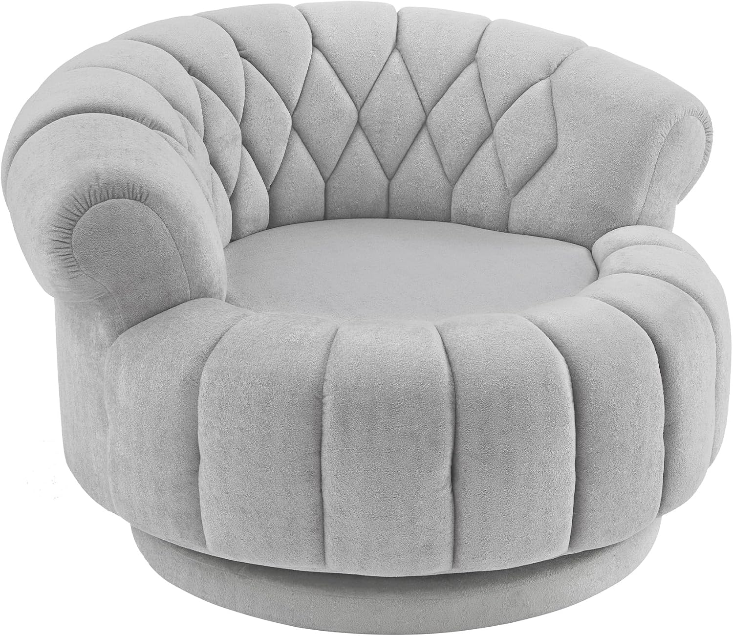 360° Swivel Accent Chair, Chenille Fabric Barrel Swivel Chair Round Club Chair with Curved Armrests & Thick Cushioning, Stylish Channel-Tufted & Diamond-Quilted Backrest for Living Room (Gray,02)