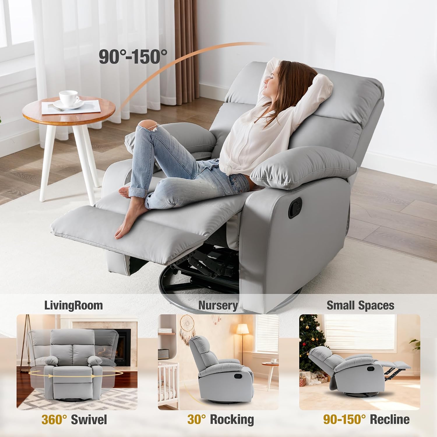 Rocking Recliner, 360° Swivel Recliner Chairs for Adults, Small Rocker Recliners for Small Spaces, Living Room, Bedroom, Nursery, RV, Light Grey