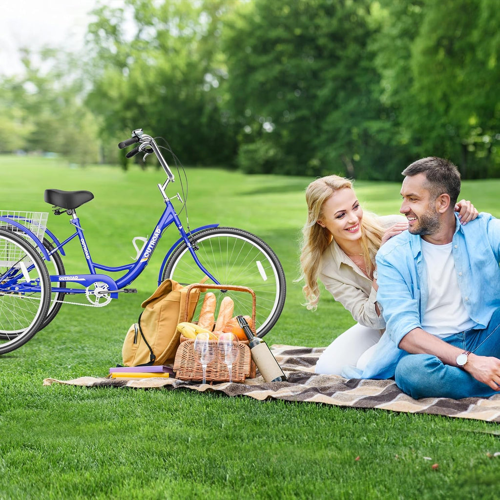Max4out Adult Tricycle with Large Basket 24/26 Inch, Stable 3 Wheel Cruise Bicycle for Shopping, Beach and City Trike Perfect for Men, Women, Seniors（Blue/Purple/Red）