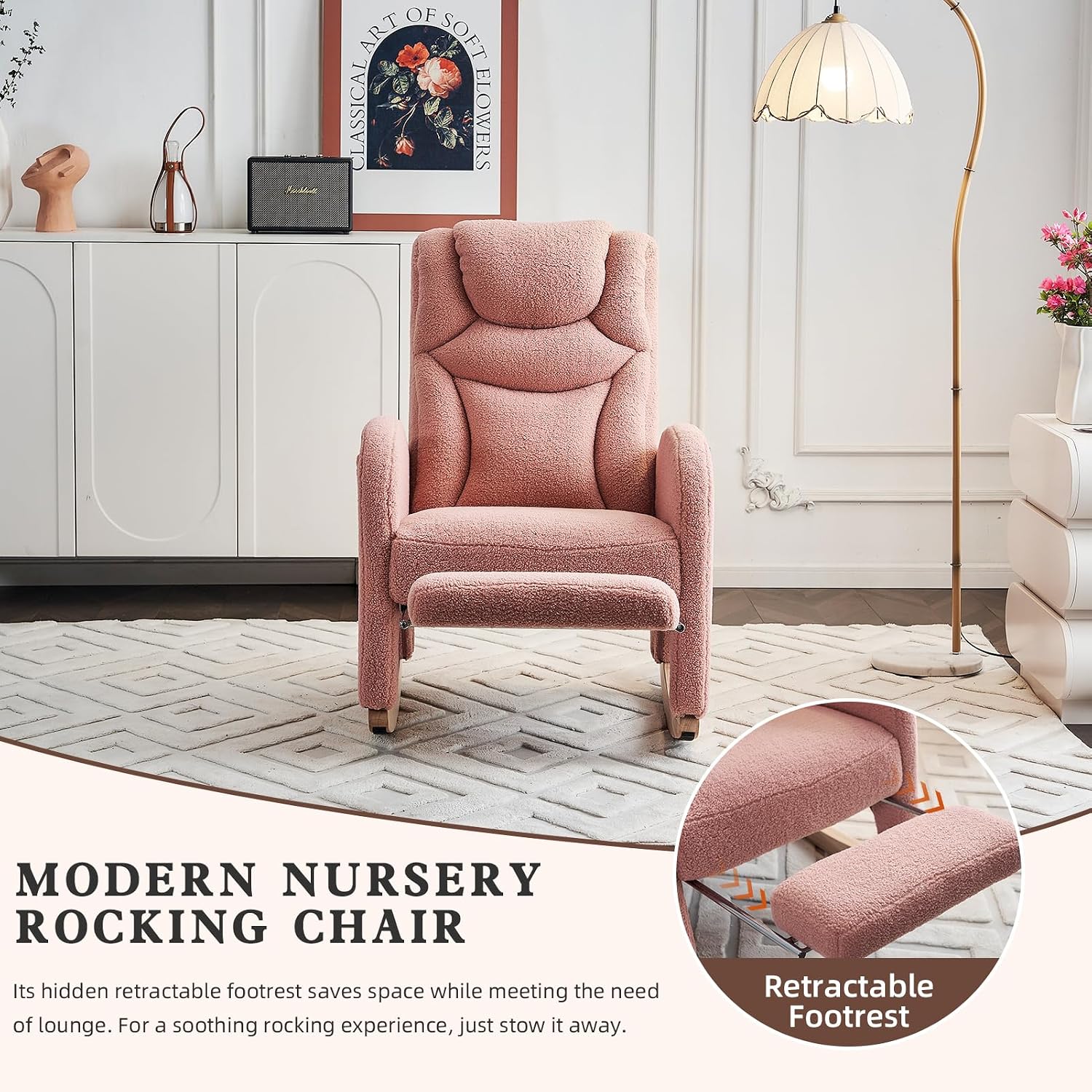 Rocking Chair Nursery with Foot Rest,Upholstered Teddy Glider Rocker with Wood Legs, Nursing Rocking Chair for Living Room/Nursery,Pink
