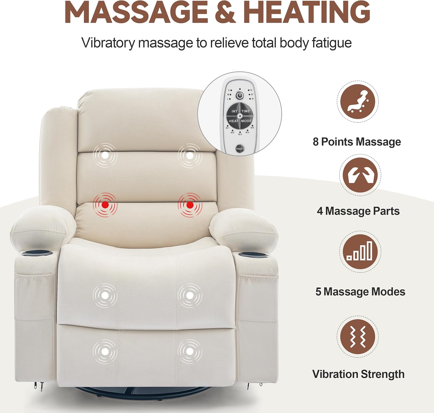 Rocker Recliner Chair with Heat and Massage, 360° Swivel Nursery Rocking Chairs for Adults, Oversized Recliner Single Sofa Seat with Cup Holders, Lazy Boy Recliner Single Sofa (Manual, Beige)