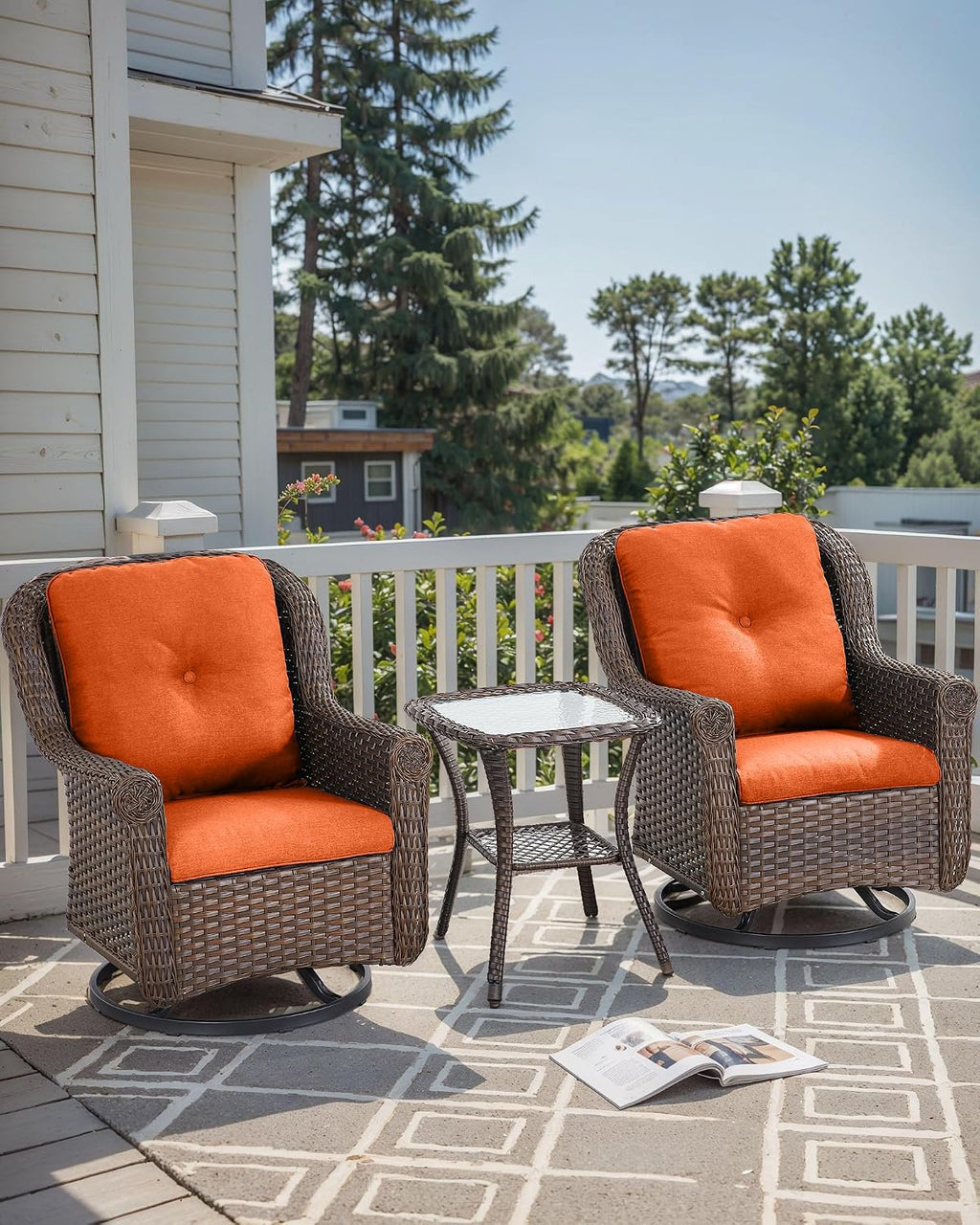 Patio Chairs Outdoor Swivel Glider - Set of 2 High Back Outside Brown Wicker Rattan Rocking Chair with Zippered Cushion for Porch Apartment Deck Yard Poolside Garden - Orange