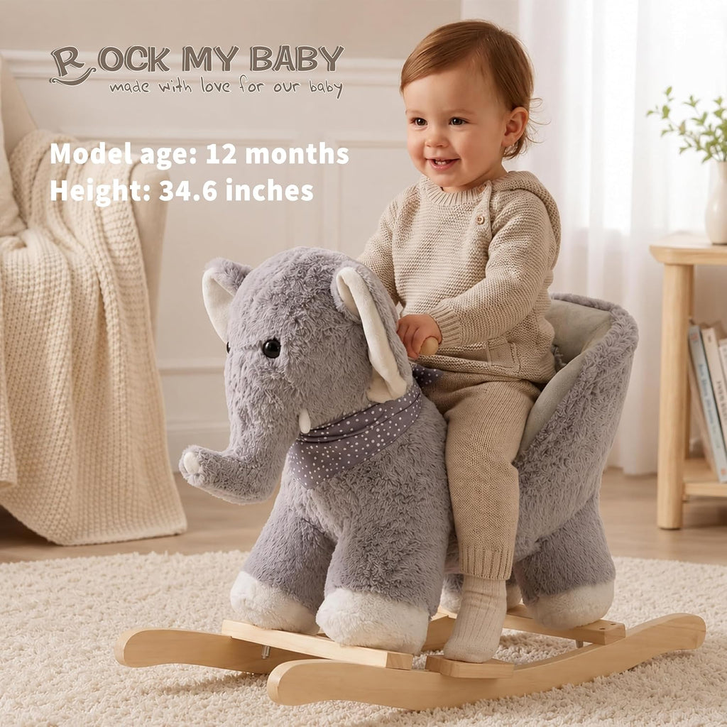 Baby Rocking Elephant, Plush Toddler Rocker with Music & Safety Seat, Sturdy Wooden Ride-On Toy for 1-3 Years, Soft Animal Rocking Horse, CPC Certified (Gray Elephant)