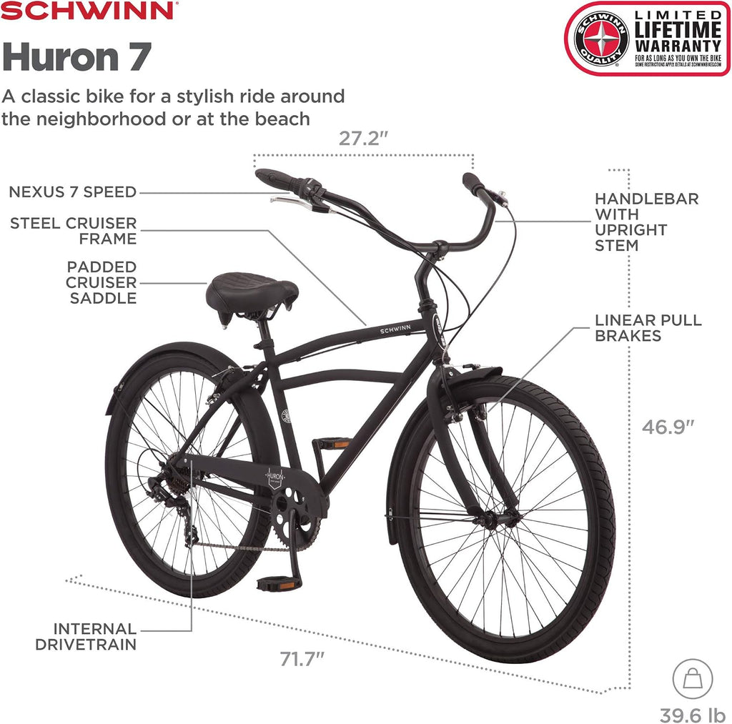 Schwinn Cruiser Bike, 26 Inch Bike for Women and Men, Beach Cruiser Bicycle, Linear Pull Brakes, Comfortable Padded Seat, Upright Riding Position, Adult Bicycle