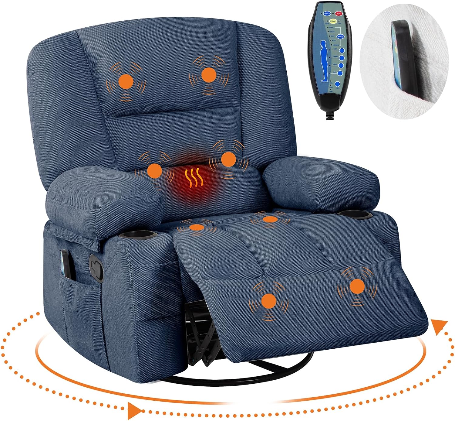 Rocker Recliner Chair with Heat and Massage,Nursery Recliner 360° Swivel Oversized Chairs for Adults,Chenille Lazy Boy Single Sofa Seat with 3 Positions,Side Pockets,2 Cup Holders for Living Room,Blue
