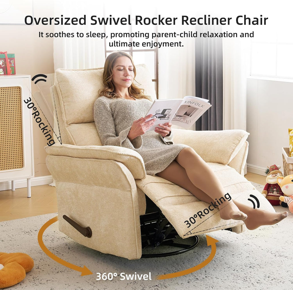 Oversized Recliner Chair, 26' Extra Wide 360° Swivel Rocker Recliner with Adjustable Headrest, Chenille Glider Rocking Nursery Chair with Overstuffed Armrest, Lumbar Support, Beige
