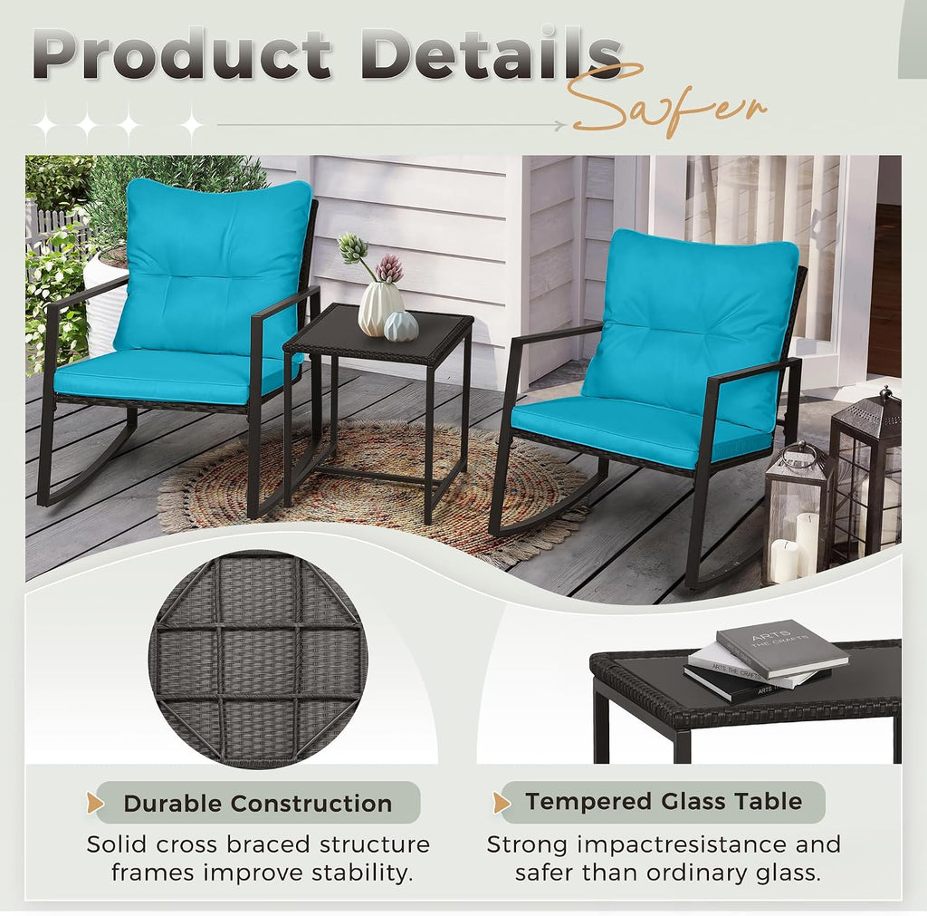 SUNCROWN 3 Piece Outdoor Rocking Bistro Set Black Wicker Furniture Porch Chairs Conversation Sets with Glass Coffee Table, Light Blue