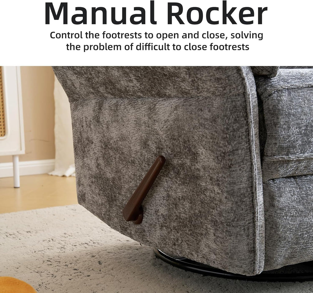 Oversized Glider Rocker Recliner, 26' Extra Wide 360° Swivel Nursery Recliner with Adjustable Headrest, Chenille Rocking Nursery Chair with Overstuffed Armrest, Lumbar Support, Dark Grey