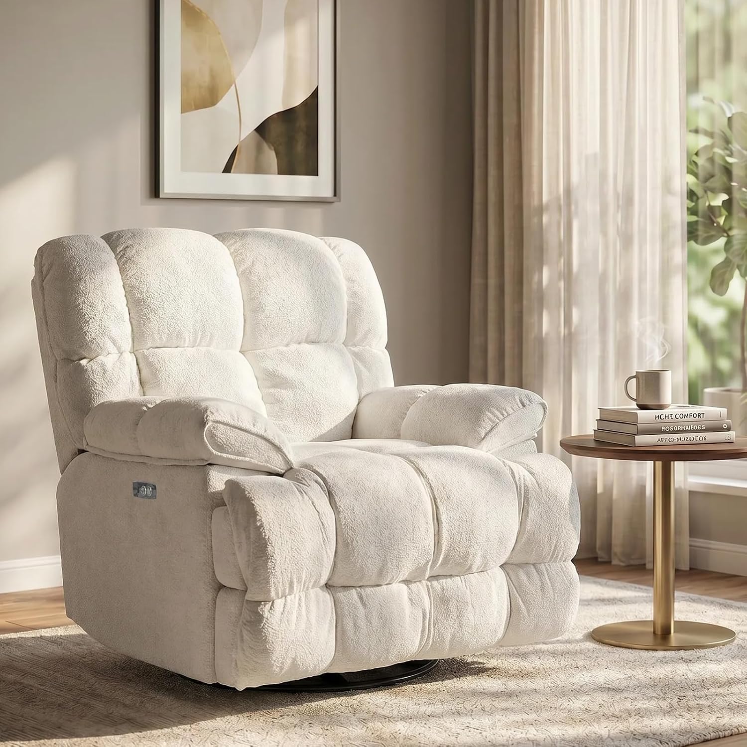 GINGO Power Oversized Recliner Chair, Extra Wide Swivel Rocking Recliner Chair, Breathable Soft Fabric Modern Single Sofa for Living Room, 90°-140° Electric Adjustable Angle, USB & Type-C Port, White