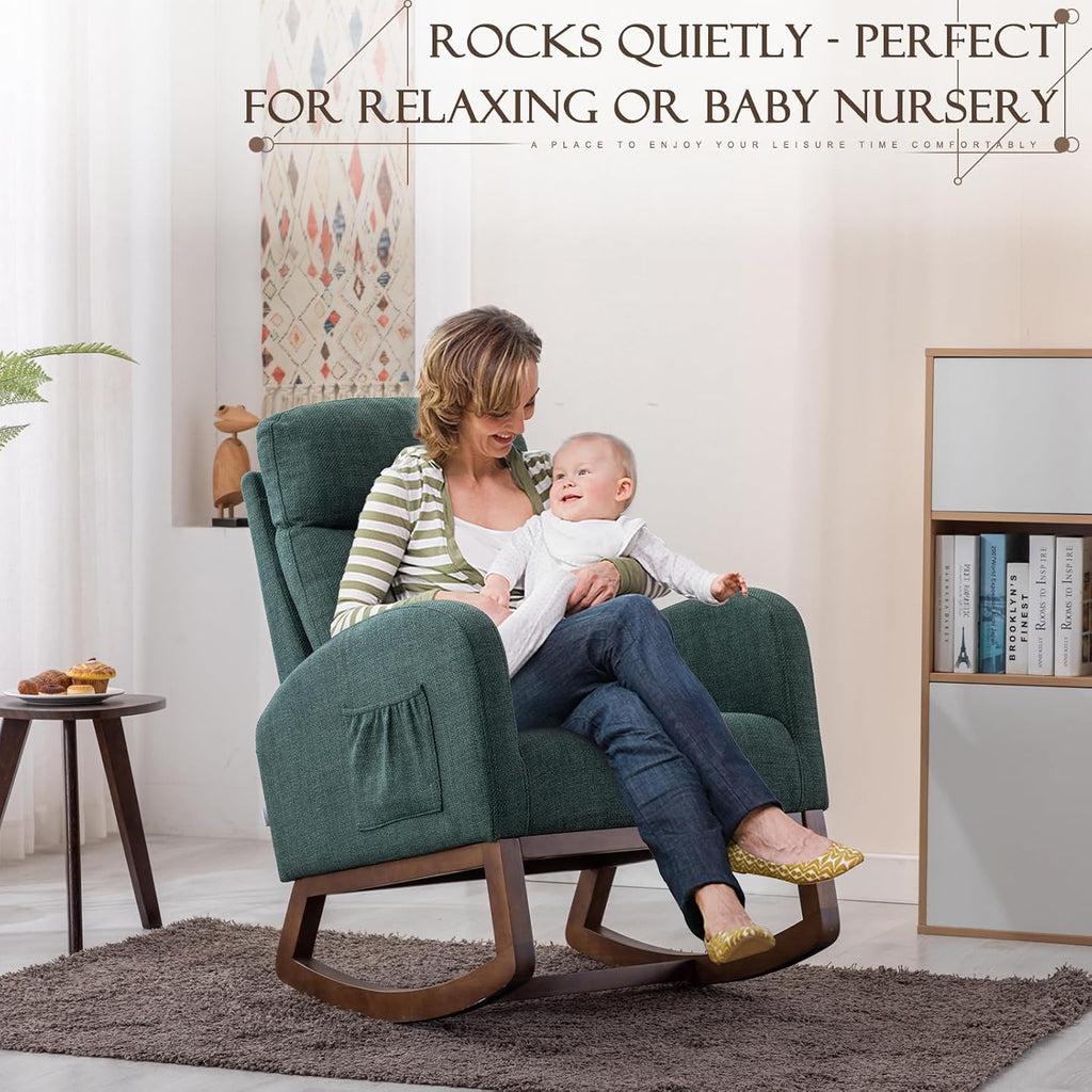 Upholstered Rocking Chair for Nursery, Accent Glider Rocker with Side Pocket, Comfy Armchair with Tall Backrest and Double Layer Cushion, Baby Nursery Glider for Living Room, Bedroom (Emerald Green)