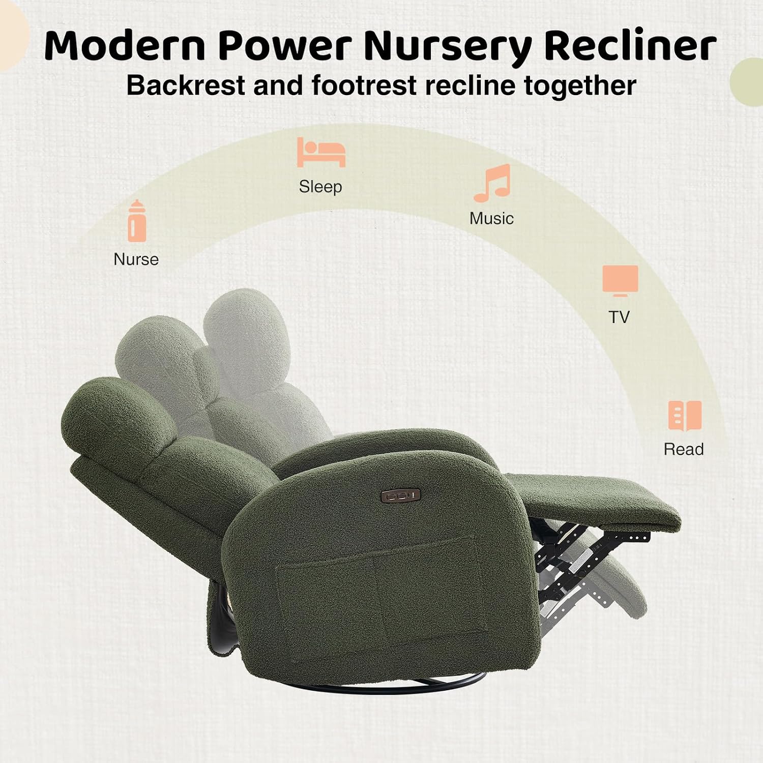 Power Nursery Glider Recliner, Boucle Swivel Rock Recliner with USB & Type-C, Nursery Rocking Chair Recliner with Double Pockets and Lumbar Support for Adult, Teddy Green