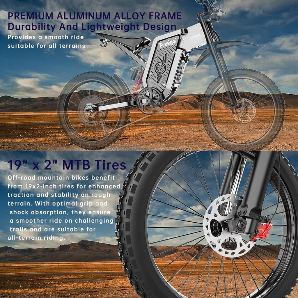Freego Electric Motorcycle Bike for Adults Teen, X2 Electric Dirt Bike 6000W(Peak) Motor 60V/30Ah Removable Battery, 50MPH Off Road Electric Mountain Bike,19' x2 Tire, UL 2849 Certified