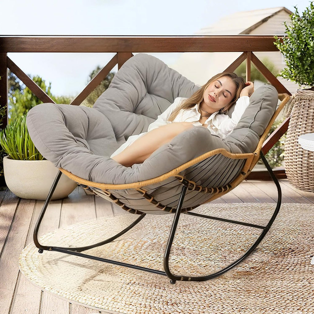 Papasan Chair with Cushion, Oversized Outdoor Rocking Chair, Patio Egg Chair Outdoor, Wicker Modern Cozy Comfy Chair for Bedroom, Living Room, Garden, Balcony, Lawn, Light Grey