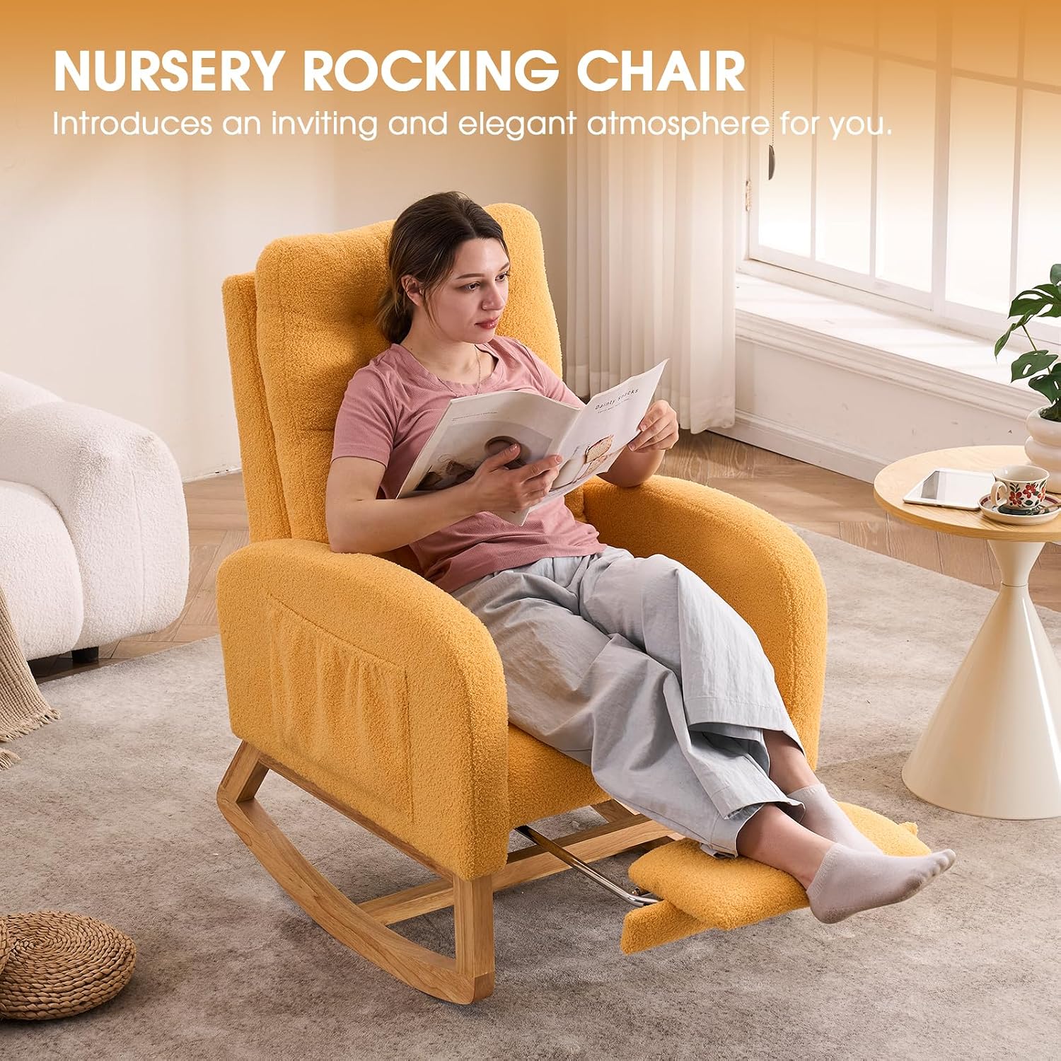 NIOIIKIT Nursery Rocking Chair, Linen Upholstered Glider Chair with Footrest, Tufted Rocker Recliner with Side Pocket, Comfy Recliner Glider, Accent Chair for Living Room (Yellow Teddy)