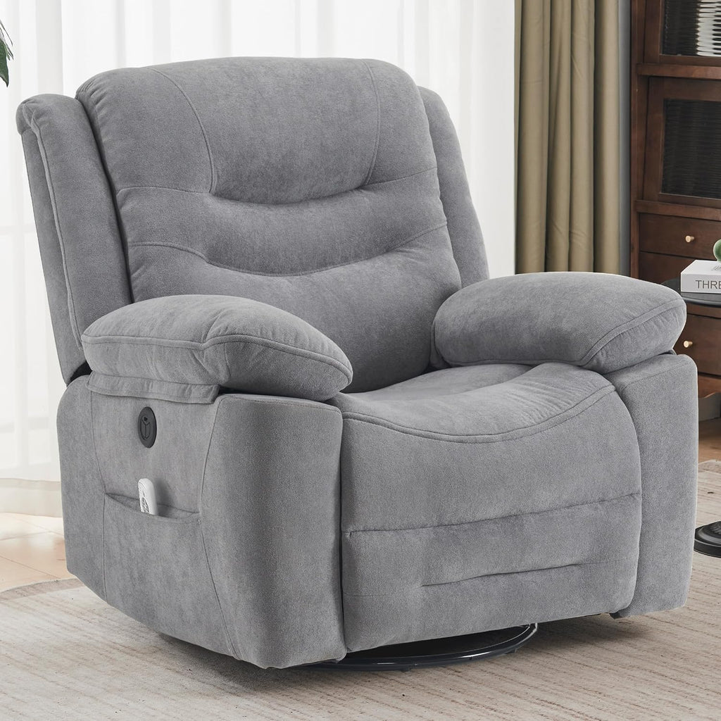 Ketaiyou Power Swivel Rocker Recliner with Massage and Heat, USB Port, Infinite Position, Oversized Electric Glider Rocking Chairs Living Room, Soft Fabric Reclining Sofa Chair(Misty Gray)