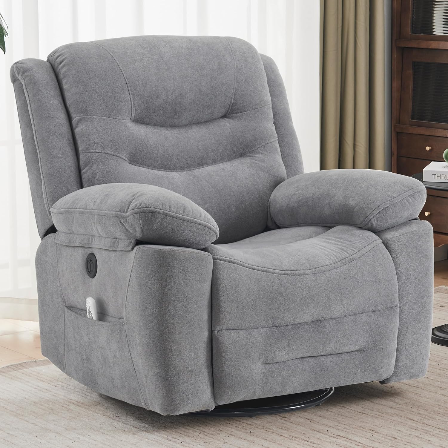 Ketaiyou Power Swivel Rocker Recliner with Massage and Heat, USB Port, Infinite Position, Oversized Electric Glider Rocking Chairs Living Room, Soft Fabric Reclining Sofa Chair(Misty Gray)
