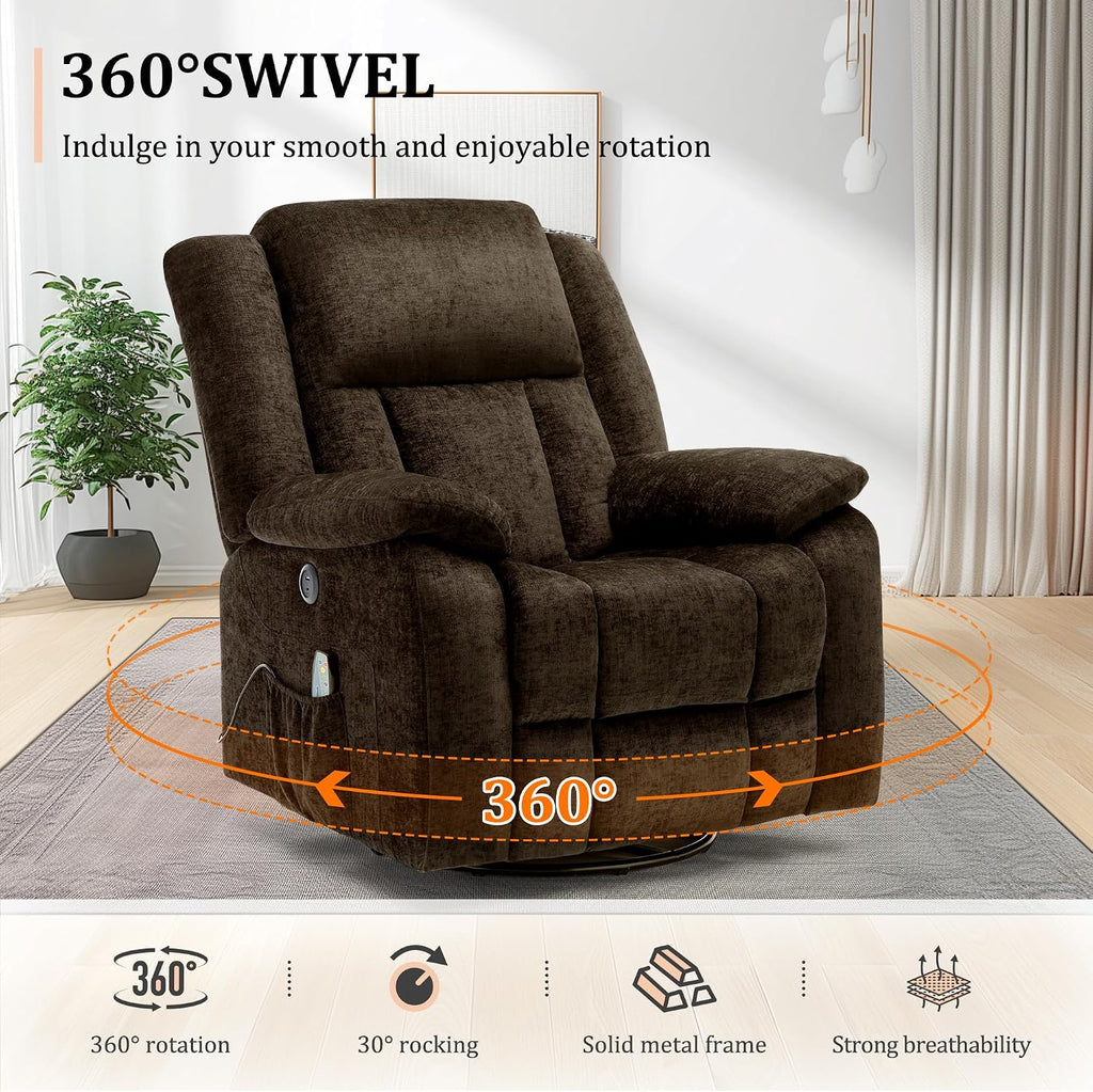 Korser Rocker Recliner Chair, Glider Recliner Chairs for Adults, 360° Swivel Recliner with Massage and Heating, Rocking Recliner Chair with Side Pockets and USB for Living Room, Bedroom, Nursery