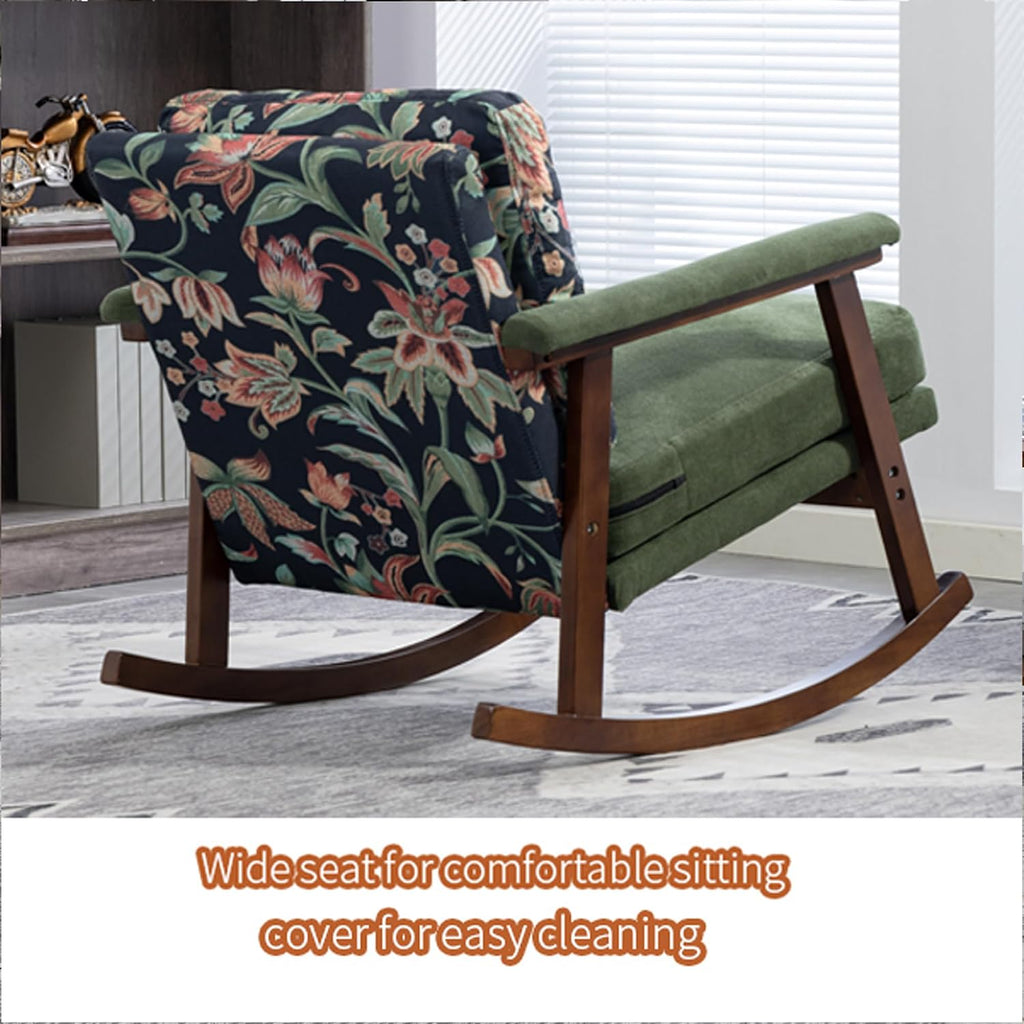 Nursery Rocking Chair Velvet Upholstered Accent Rocker Chair with Flower Pattern Comfy Soft Rocker Glider Solid Rubber Wood Leg for Bedroom Living Room Nursing Room, Green