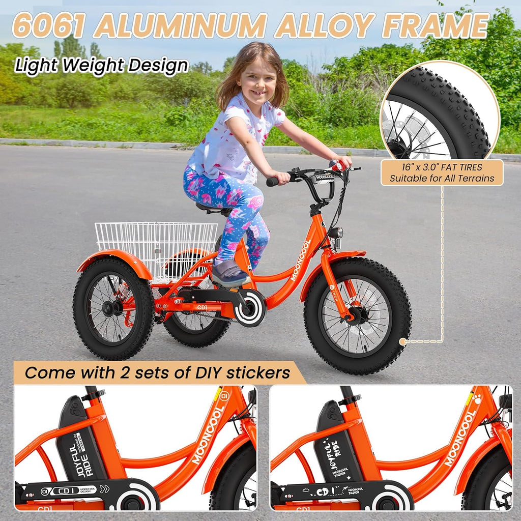MOONCOOL 16'×3' Youth Electric Trike, 250W Fat-Tire 12MPH 3-Wheel eBike for Boys & Girls, Aluminum Frame, Removable Battery/Basket, Up to 35-Mile Range