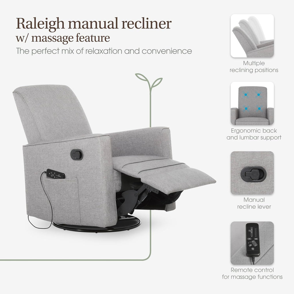 Evolur Raleigh Glider with Massager in Charcoal, Upholstered Plush Seating 360° Swivel Glider Rocking Chair, FSC Certified, Greenguard Gold & JPMA Certified Nursery Glider Recliner