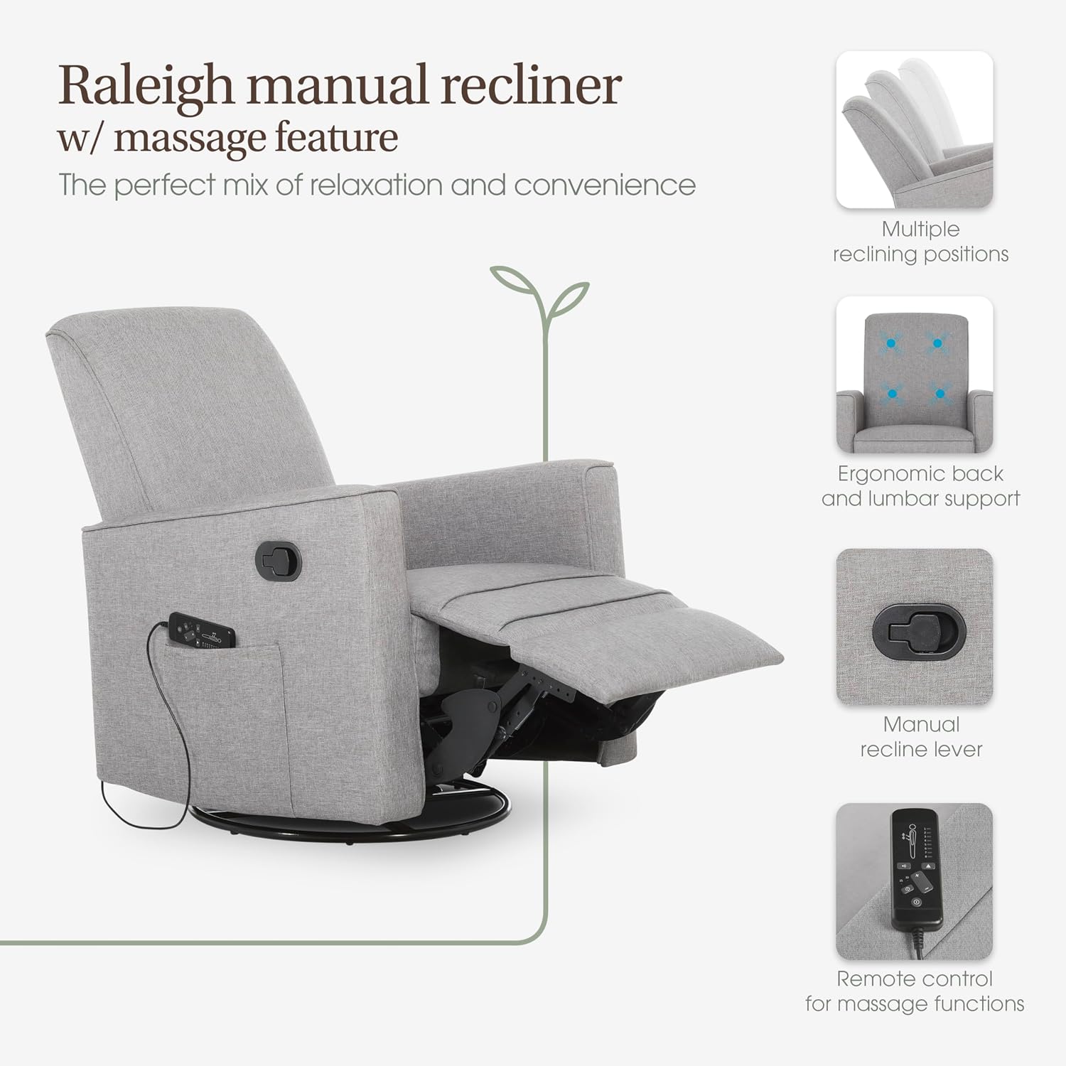 Evolur Raleigh Glider with Massager in Charcoal, Upholstered Plush Seating 360° Swivel Glider Rocking Chair, FSC Certified, Greenguard Gold & JPMA Certified Nursery Glider Recliner