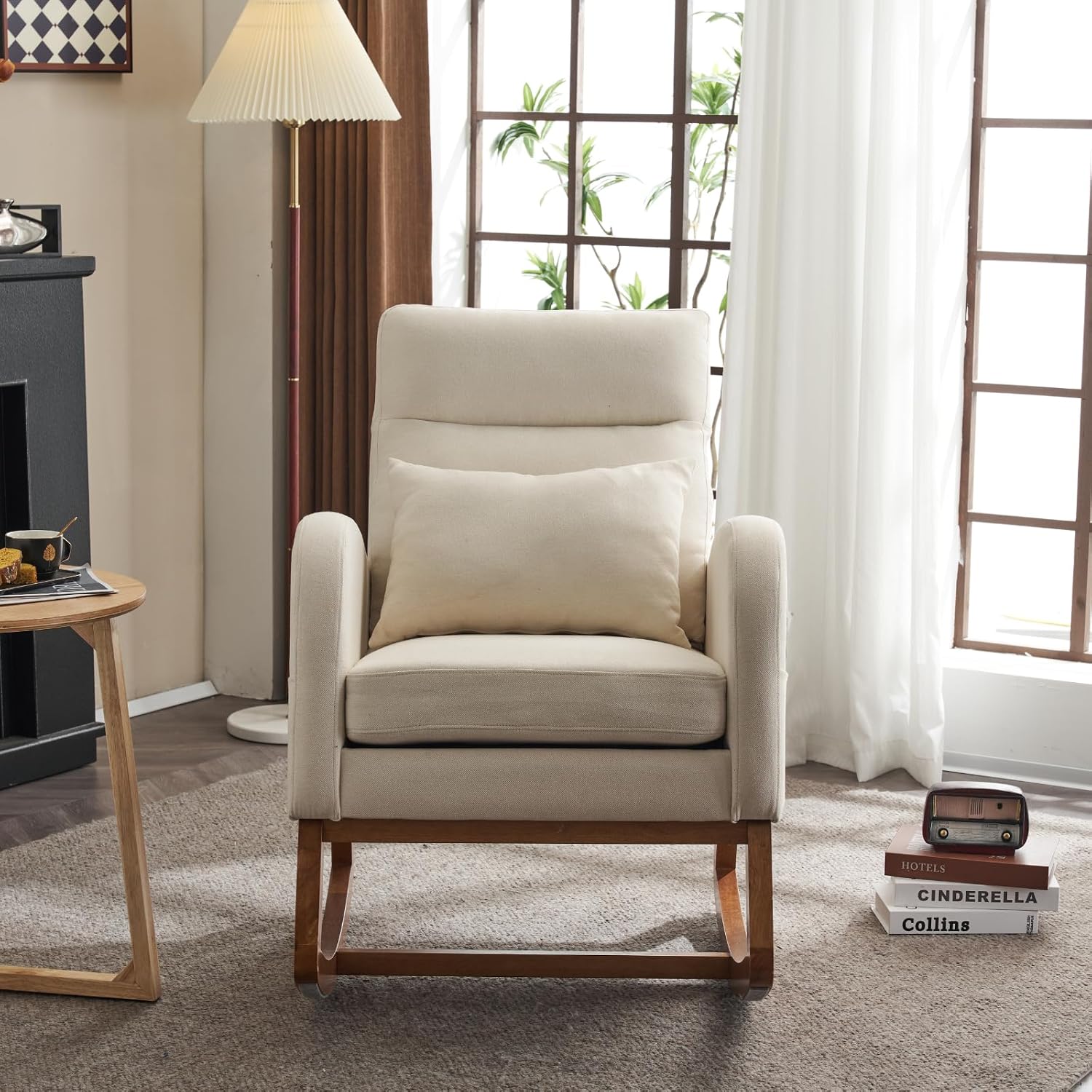 VINGLI Beige Linen Rocking Chair Nursery with Thick Headrest, Upholstered Mid-Century Modern Nursing Rocker Glider with Curved Armrest, Sturdy Solid Wood Base for Living Room, Bedroom, Baby Room