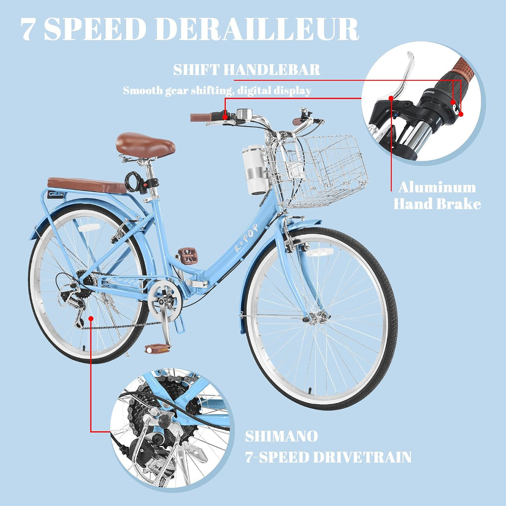 24/26 Inch Beach Cruiser Bike for Women Folding Bikes, 7-Speed Womens Bike with Basket and Coffee Cup, Womens Foldable Bicycle Commuter Bikes for Adults, Adjustable Seat & Dual V-Type Brakes