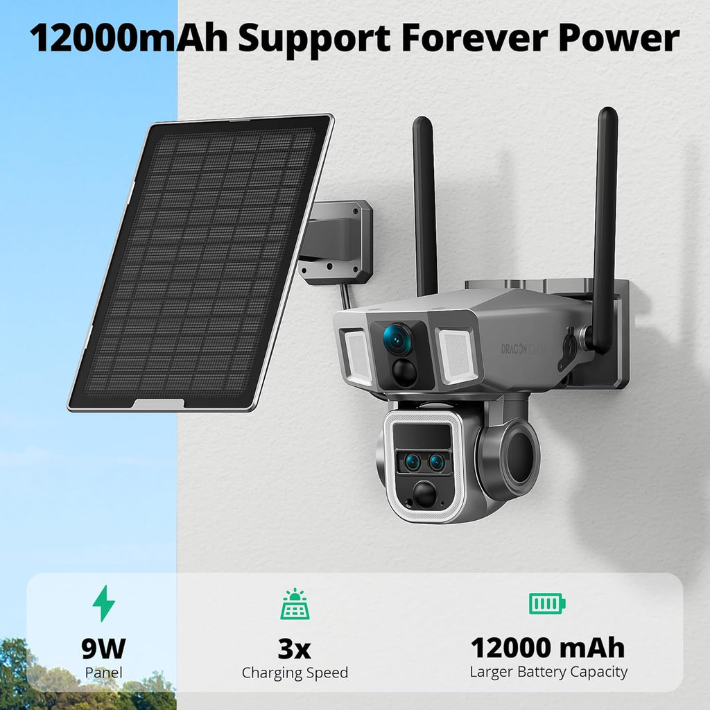 Dragon Touch 4G Cellular Security Camera, 4K Wireless Outdoor Solar Camera Triple Lens Bullet-PTZ Cam, 4G or WiFi, 10x Optical Zoom, 360° View, AI Tracking, with SIM Card, Local Storage