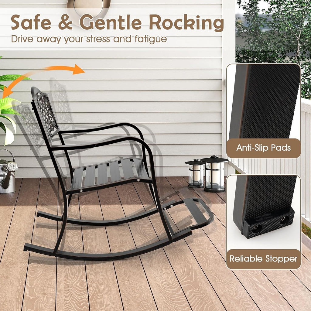 Giantex Patio Rocking Chair, Outdoor Cast Aluminum Rocker w/Footrest, Backrest & Curved Armrests, Heavy-Duty Metal Classic Rocking Leisure Seat for Backyard, Poolside, Balcony (Antique Brown,1)
