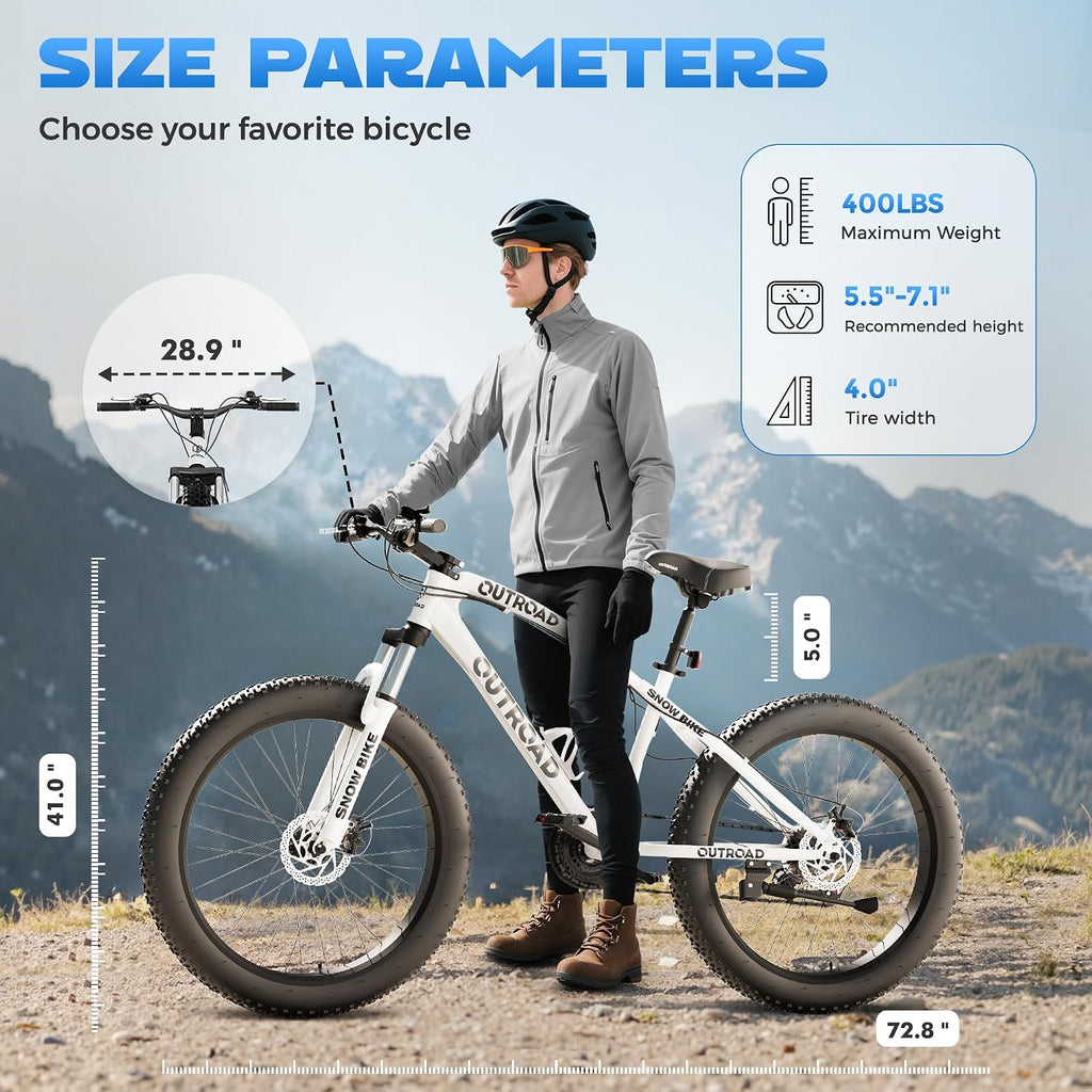 Betterland Outdoor 26 Inch Wheels Fat Tire Mountain Bike, 21-Speed Bicycle with Dual Front Suspension, High Carbon Steel Frame with Double Disc Brake and Anti-Slip Bicycle for Adults