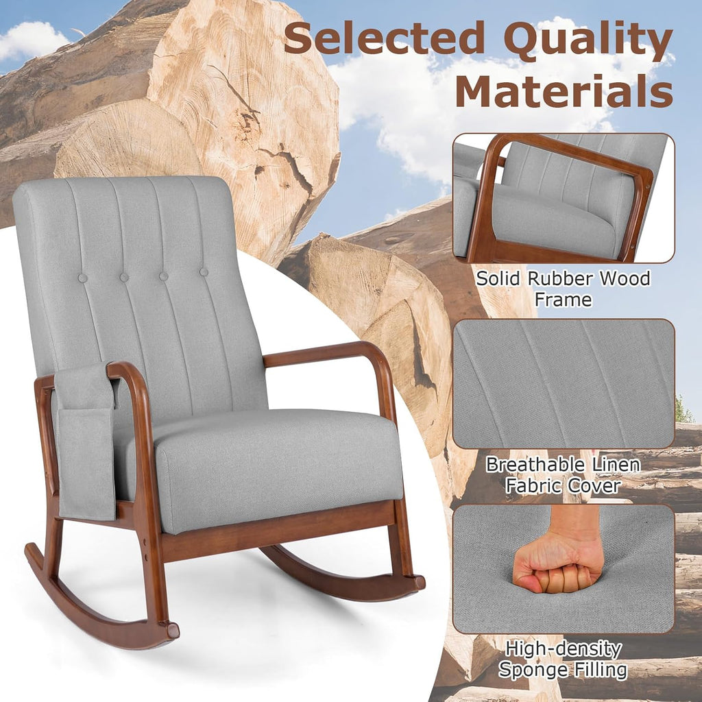 GOFLAME Nursery Rocking Chair with Ottoman, Upholstered Glider Rocker with Tufted High Backrest and Side Pocket, Modern Accent Chair with Footrest, Comfy Armchair for Living Room, Bedroom, Grey