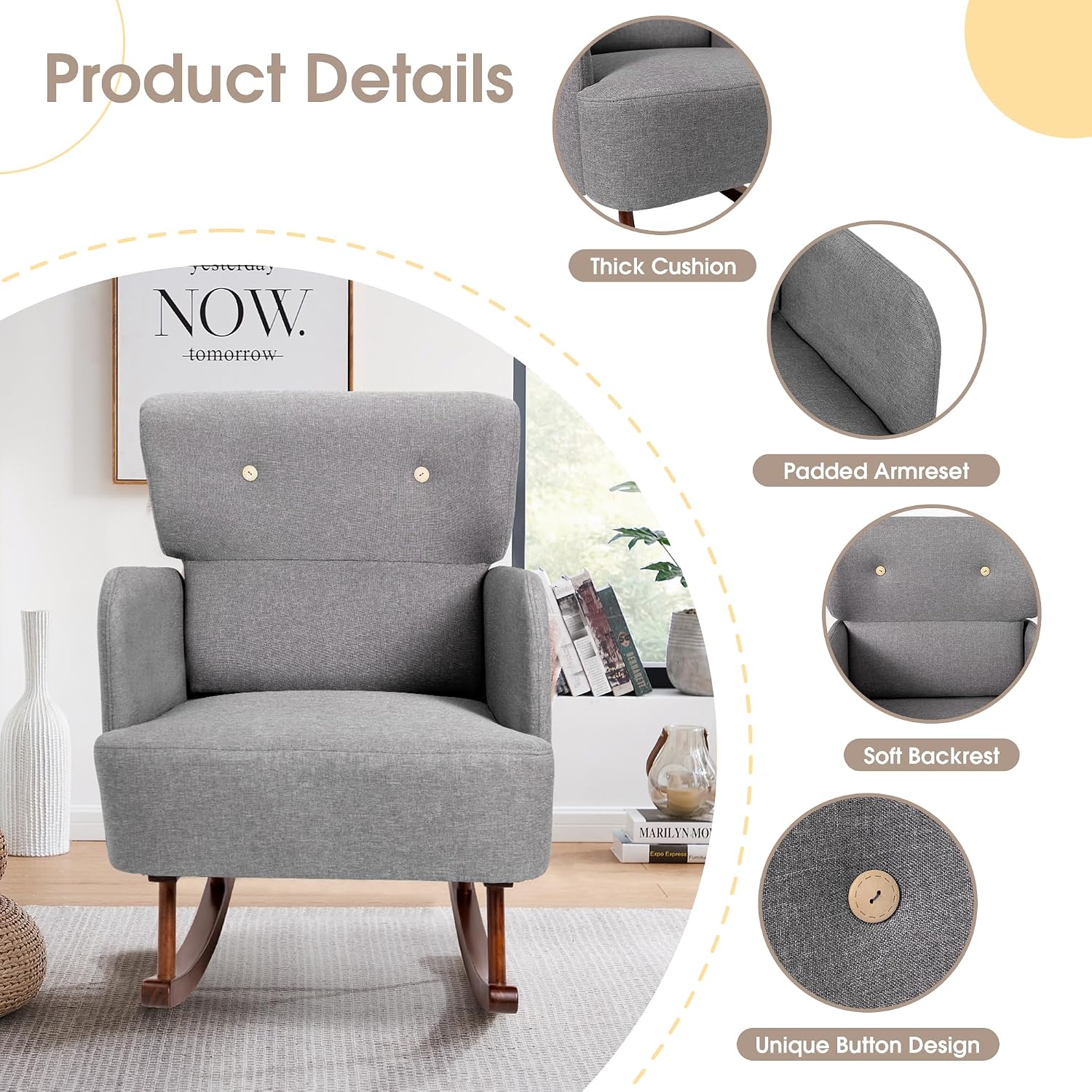 COCO DESIGN Fabric Rocking Chair, Rocking Chair for Nursery Indoor for Living Room, Modern Glider Rocker Chair(Grey)