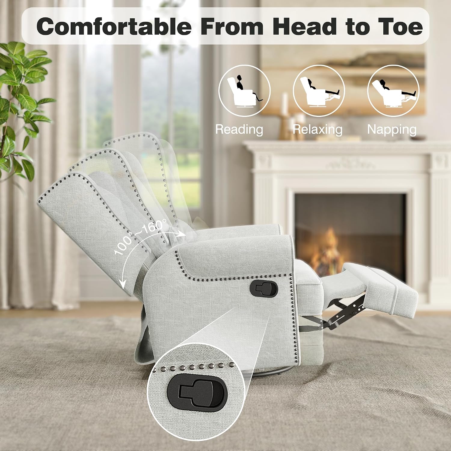 RoyalCraft Swivel Recliner Chair with Extra Large Footrest, Comfy Upholstered Glider Rocking Chair for Living Room, Bedroom and Office, Off White