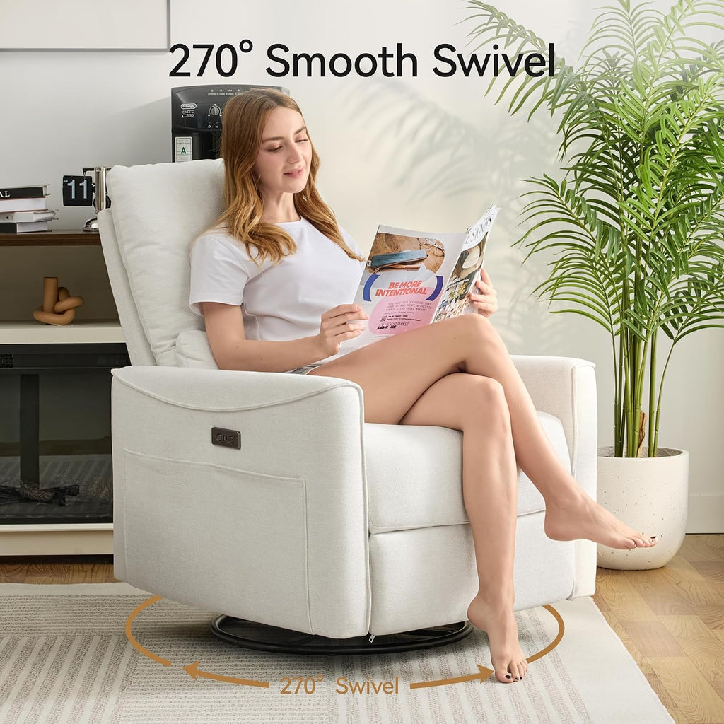 Power Swivel Rocker Recliner,Fabric Glider Recliner Nursery Chair,Small Rocking Chair,Single Reclining Sofa with Lumbar Support,USB&Type-C Ports,Living Room Home Threater Seat, Ivory White