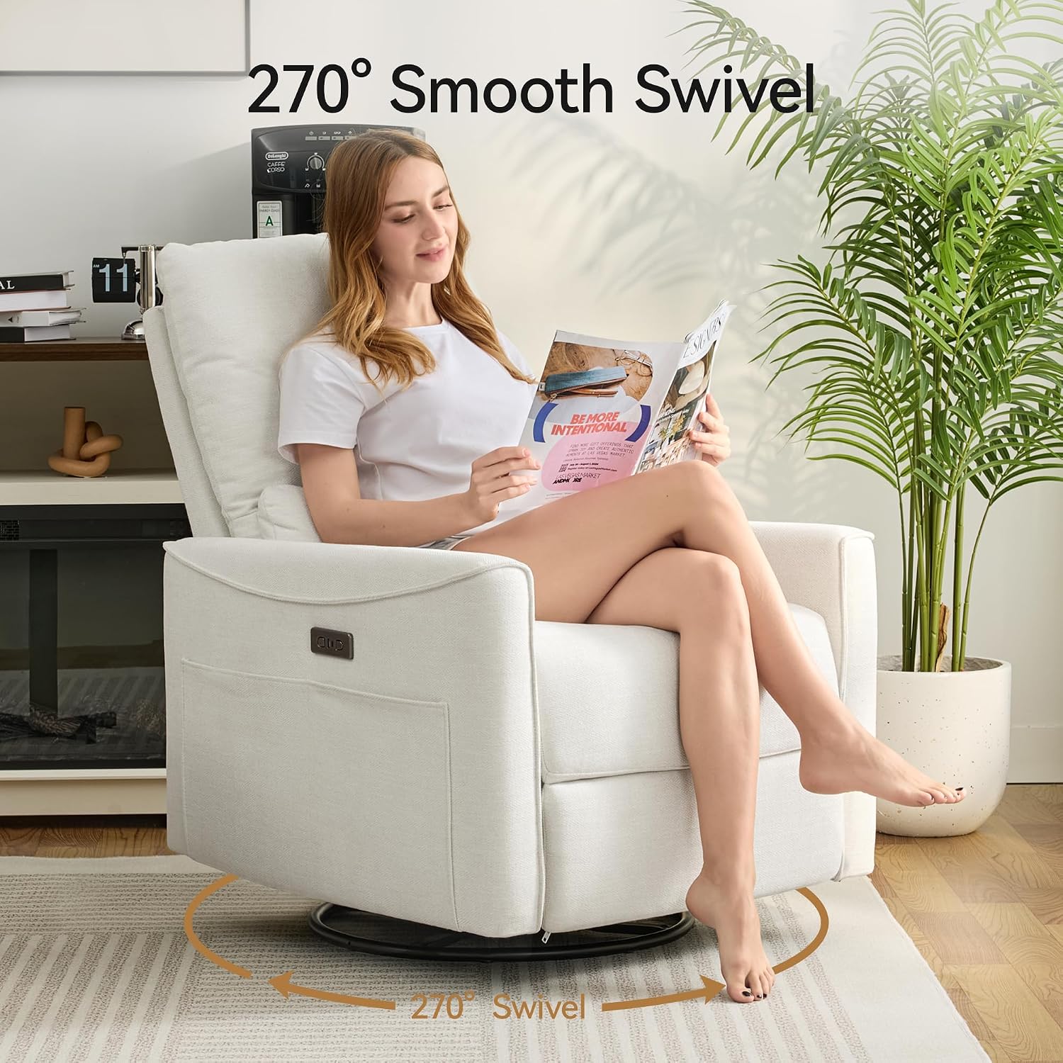Power Swivel Rocker Recliner,Fabric Glider Recliner Nursery Chair,Small Rocking Chair,Single Reclining Sofa with Lumbar Support,USB&Type-C Ports,Living Room Home Threater Seat, Ivory White