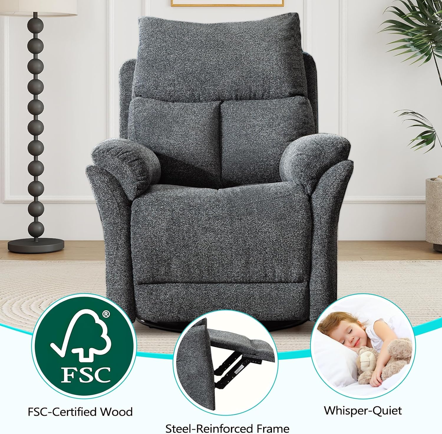 ANJ Swivel Rocker Recliner Chair Nursery, Manual Fabric Rocking Recliner, Modern Rocking Reclining Chairs for Living Room, Bedroom(Gray)
