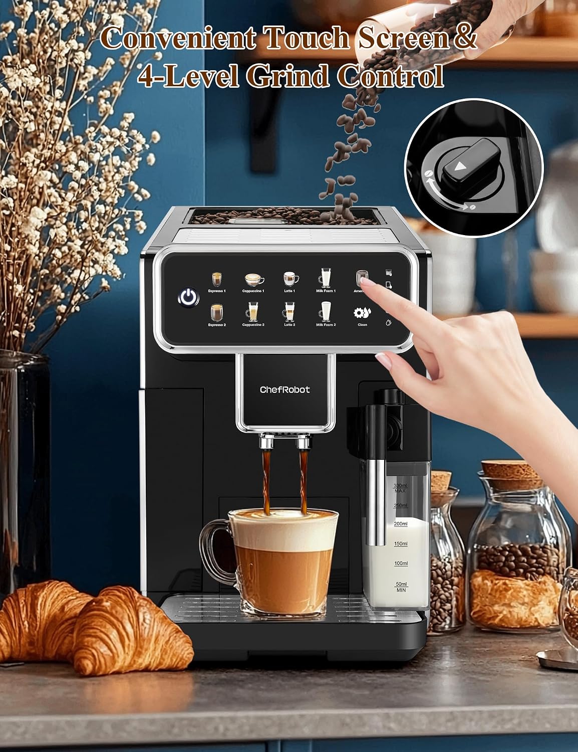 Chef Robot Automatic Espresso Machine Coffee Maker 12 Cup with Grinder Cappuccino Latte Americano Machine with Milk Frother for Home/Office (Black)