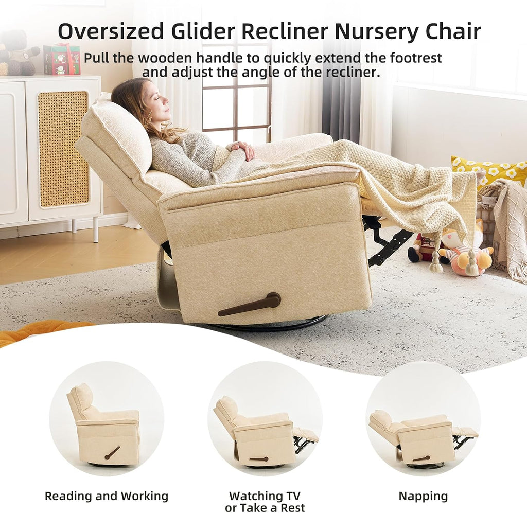 Oversized Recliner Chair, 26' Extra Wide 360° Swivel Rocker Recliner with Adjustable Headrest, Chenille Glider Rocking Nursery Chair with Overstuffed Armrest, Lumbar Support, Beige