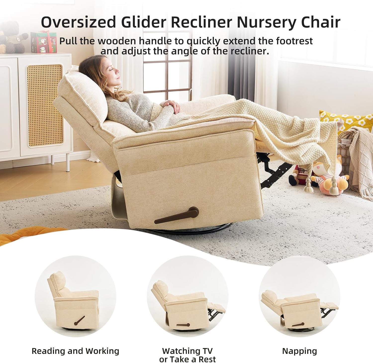 Oversized Recliner Chair, 26' Extra Wide 360° Swivel Rocker Recliner with Adjustable Headrest, Chenille Glider Rocking Nursery Chair with Overstuffed Armrest, Lumbar Support, Beige