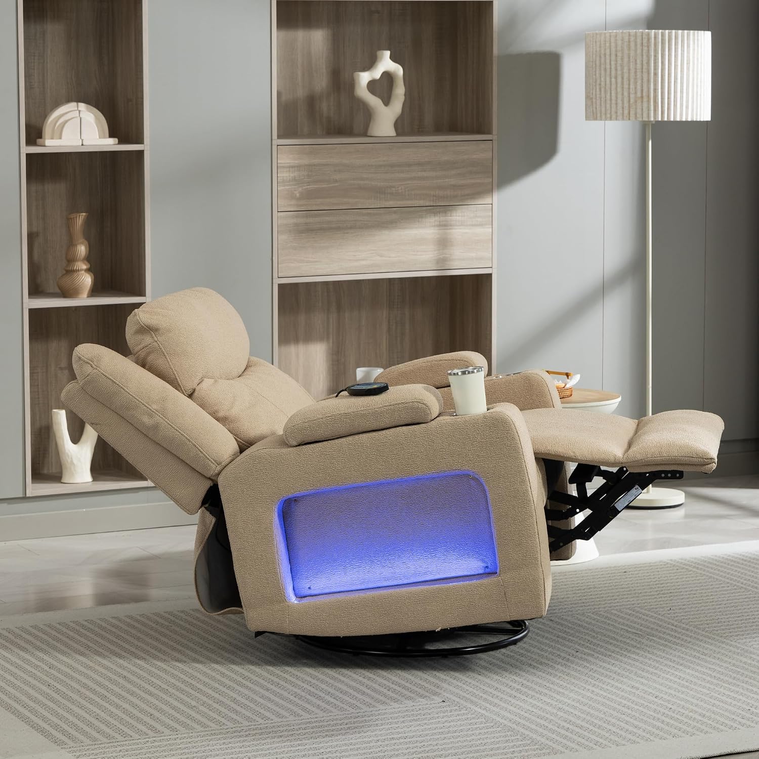 Power Oversized Swivel Rocker Recliner with Dual Motor Adjustable Headrest for Adults, Glider Rocking Chair with Heat Massage, LED Light, USB C Charging, Armrest Storage, Cup Holder