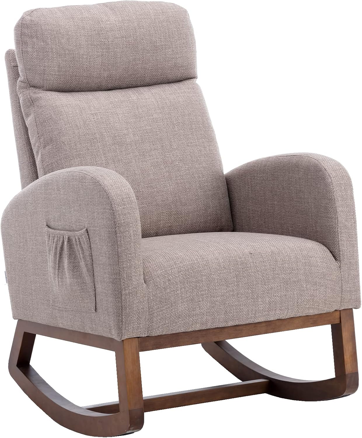 Modern Rocking Chair with Breathable Yellow Linen & Solid Wood Legs - Recliner Glider Armchair Featuring Side Pocket, High Back Support for Nursery, Living Room, Bedroom (Grey)
